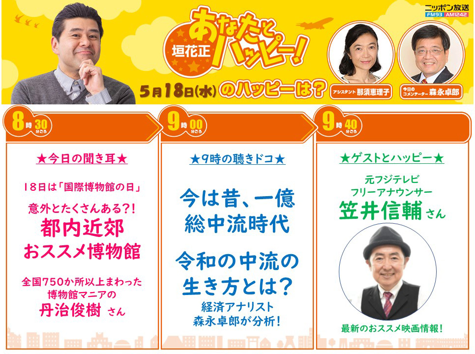 ニッポン放送 垣花正あなたとハッピー 18日 水 の ニッポン放送 垣花正 あなたとハッピー コメンテーター 森永卓郎 さん 笠井信輔 さん おすすめ映画特集 9時頃 令和の中流の生き方 Radiko は T Co Obkdxyaa 垣花