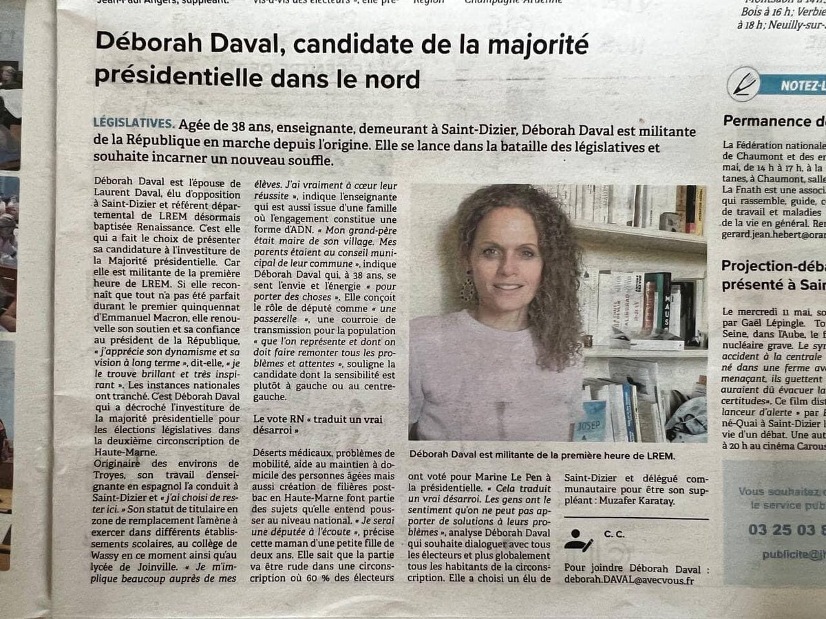 Femme engagée, dynamique, je serai à l'écoute de tous les Haut-Marnais, quelque soit leur origine sociale, culturelle, leur sensibilité.  Je m'engage à dialoguer avec les élus de tous bords, sans exclusive, afin de faire rayonner et revivre notre beau territoire.
#AvecVous