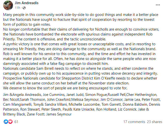 This is a very big name behind the scenes in Shepparton and a very public rebuke of campaign tactics in Nicholls.