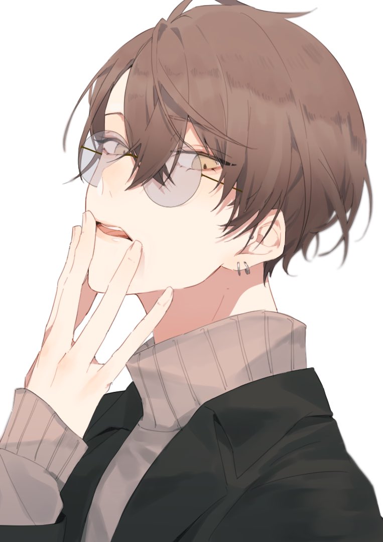 1boy male focus brown hair solo glasses jacket white background  illustration images