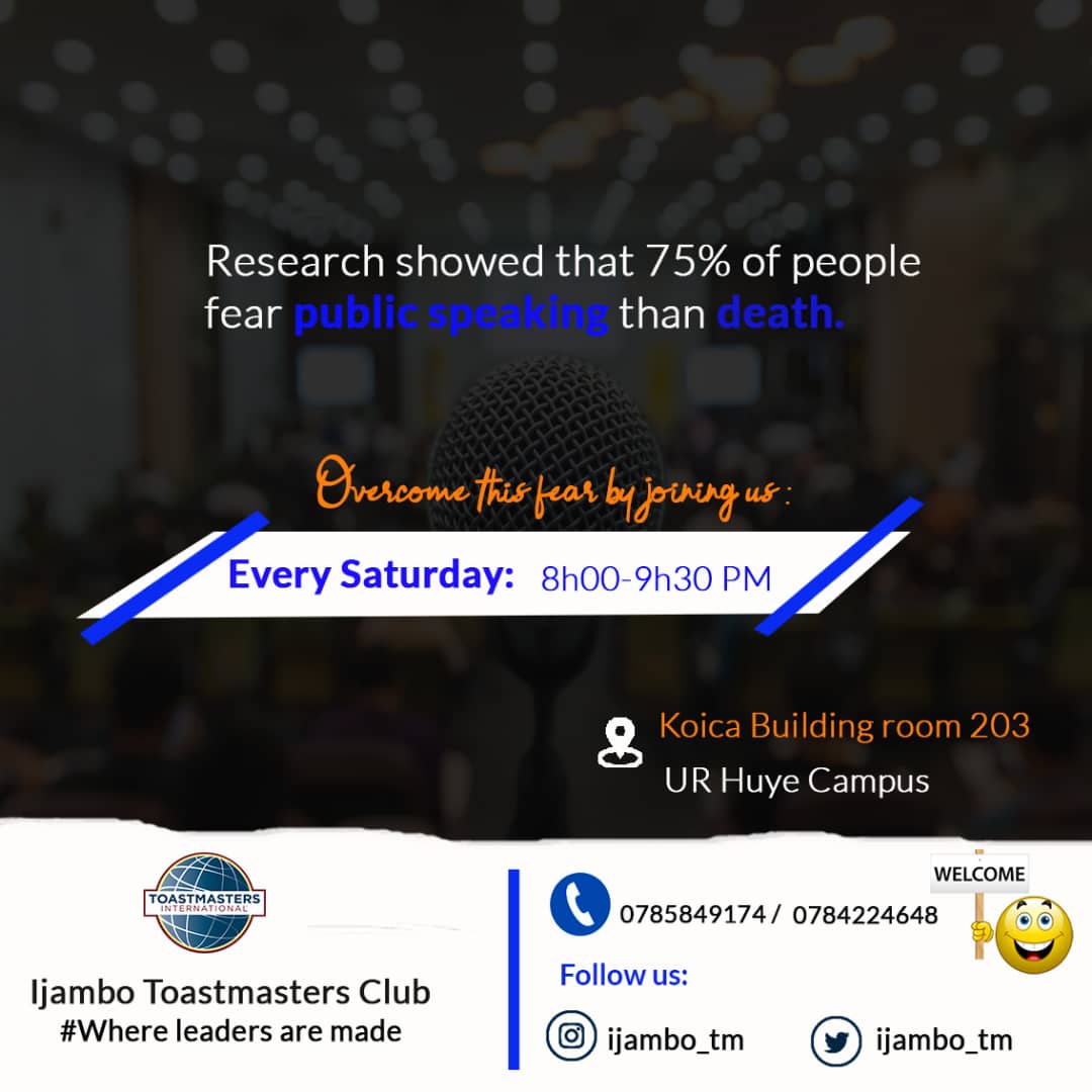 ijambo_tm's tweet photo. @Uni_Rwanda students are most welcome as we hone together Leadership skills,Personal development skills and most importantly PUBLIC SPEAKING?✨

JOIN us in IJAMBO toastmasters every Saturday, same place same time....😏 https://t.co/wcC2TWMs6X