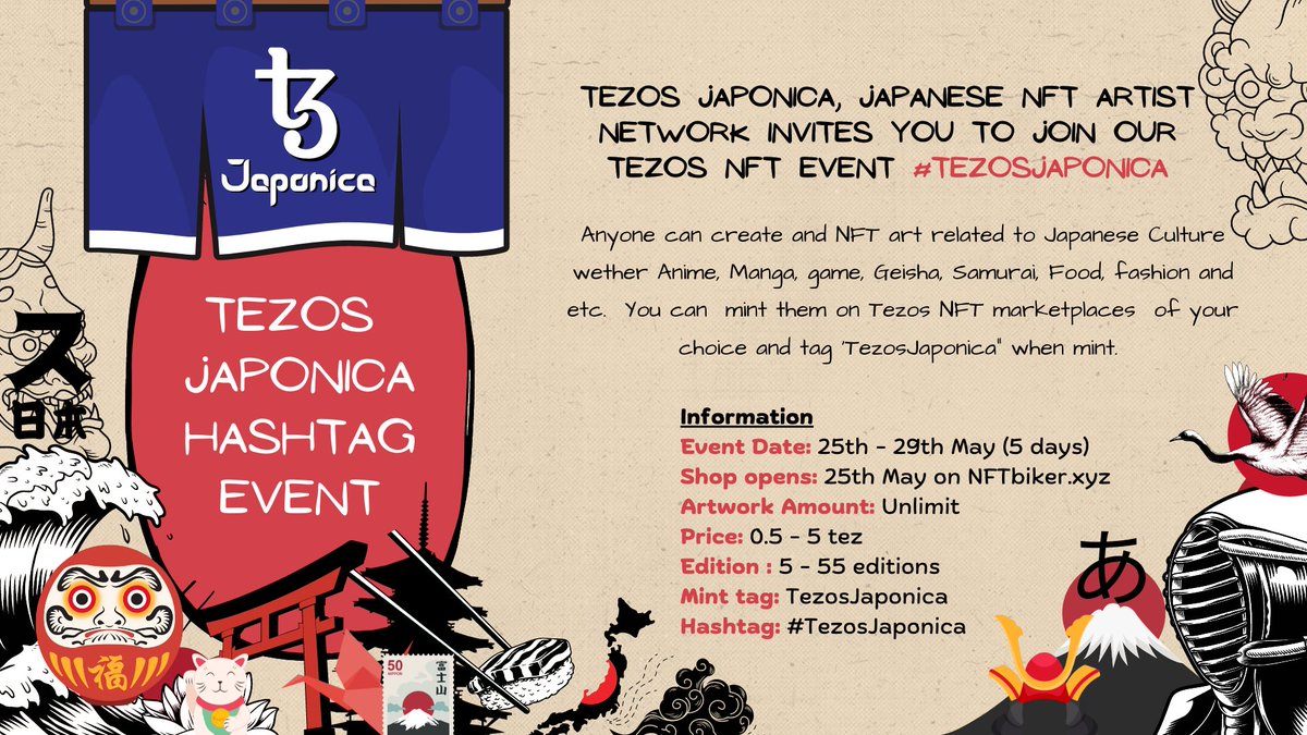 Tezos Japonica, Japanese NFT Artist Network invites you to join Tezos NFT Event #TezosJaponica from May 25 - 29 
Anyone can create NFT art related to Japanese Culture -  mint them on Tezos platform your choice &amp; tag 
👉TezosJaponica
Readmore in comment 
#tezos #XTZ #NFTCommunity