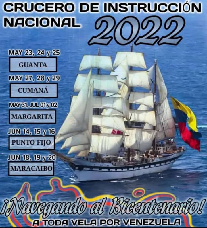 CentenoMass's tweet photo. El embajador sin fronteras el Buque Escuela Simón Bolivar, estará realizando Crucero de Instrucción Nacional con nuestros Cadetes NAVALES de 3er año de la Academia Militar de la Armada Bolivariana, desde el 23MAY22 al 20JUN22. https://t.co/kQNWqG9LBm