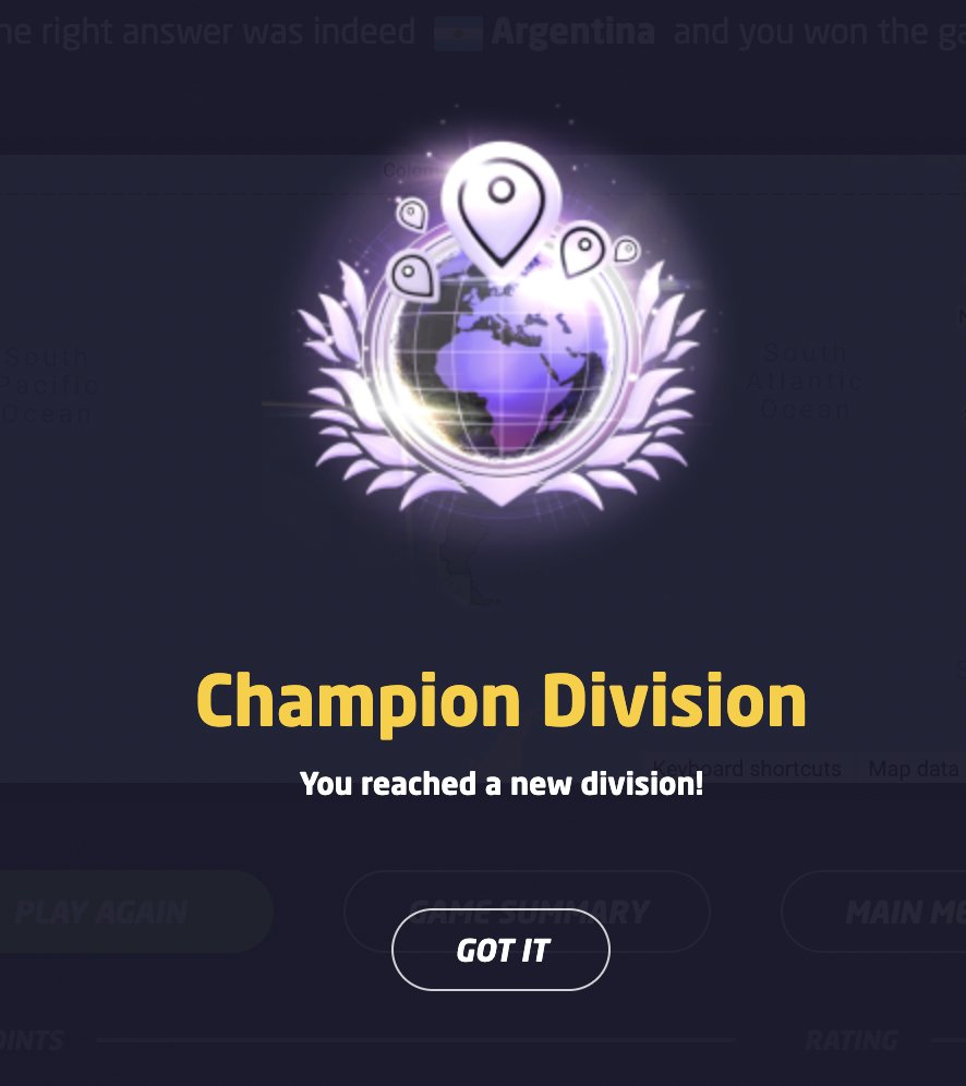icegod_d's tweet photo. Just reached Champion Division in @geoguessr ! https://t.co/qOkMZNWwxj