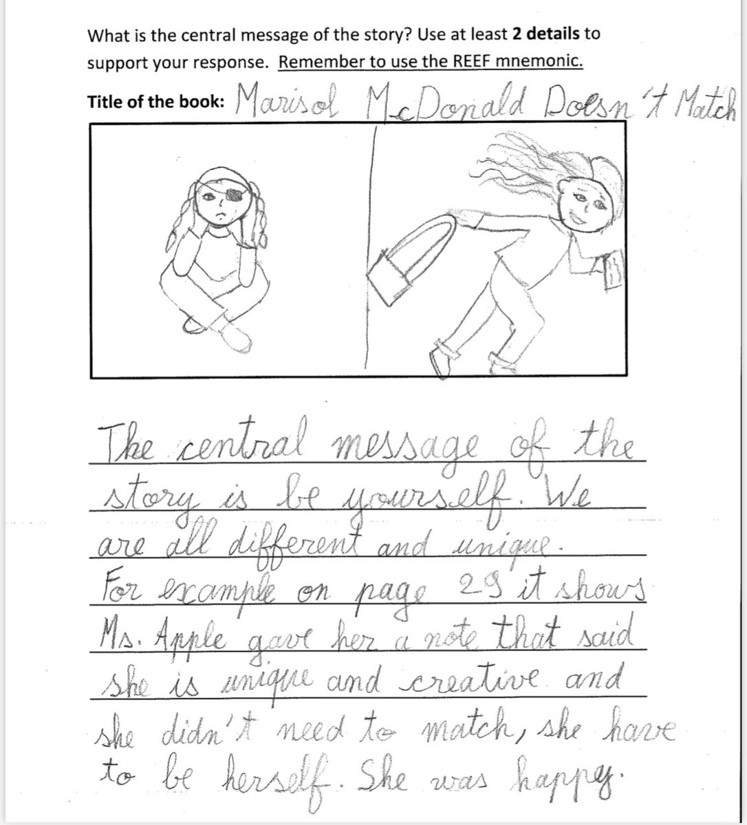 YDMA_PS242's tweet photo. Our 3rd graders read the story “Marisol McDonald doesn’t Match” and were asked to find the #centralmessage of the story!  #REEF #writers 

@DOEChancellor @christineloug14 @Ddesjardin242 @NYCSchools @NycDistrict3 @CEC3NYC @BilingualItali1 @ItalyinNY https://t.co/FWEJtwia8P
