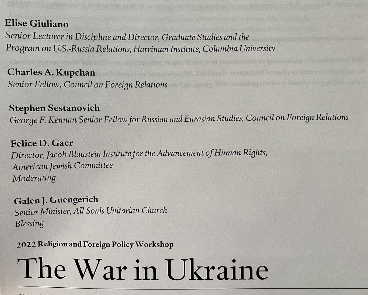 BudHeckman's tweet photo. Opening evening of CFR’s #cfrreligionworkshop features on the record session with three experts on “the War in the Ukraine” 2/2 https://t.co/32IHOf9KQg