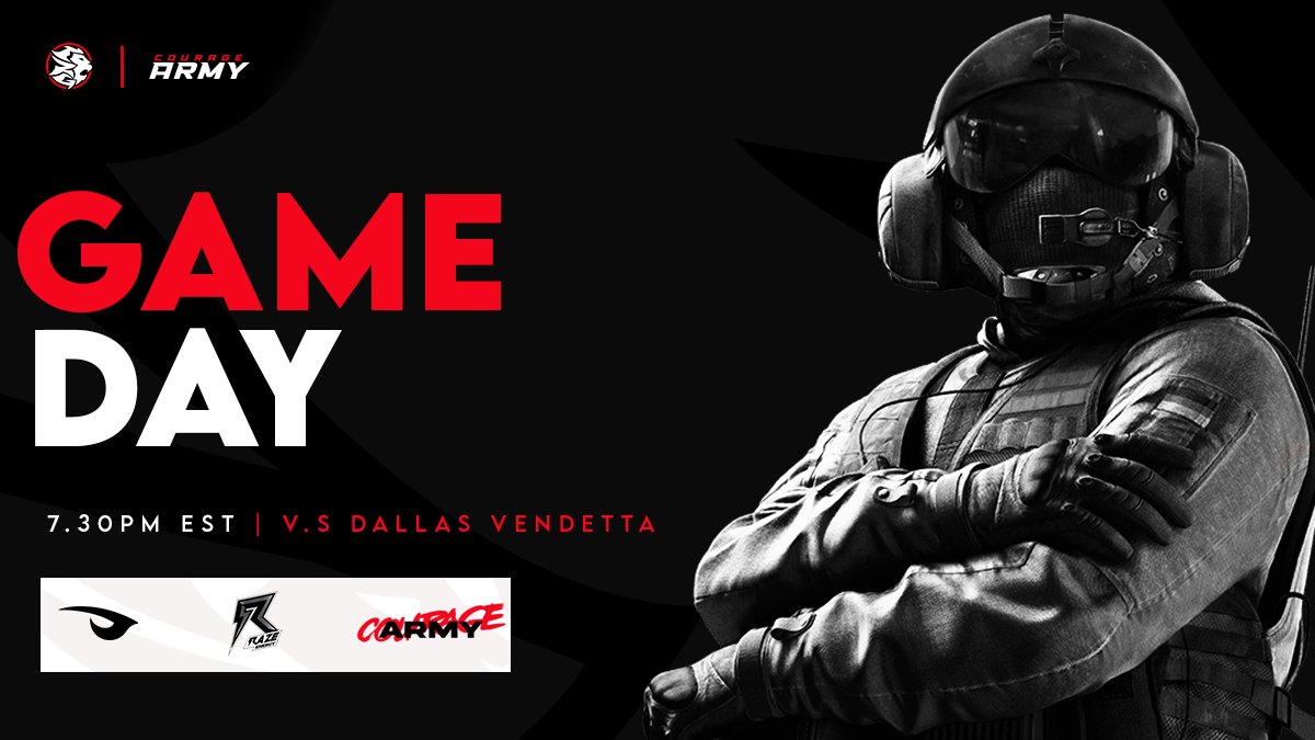 ITS GAMEDAY FOR COURAGE BLACK!! They play <a href="/Dallas_Vendetta/">Dallas Vendetta</a> tonight at 7:30pm EST!!! Wish them luck! #armyofcourage #havecourage #couragearmy #razerebellion #R6Esports 

<a href="/KidScarey/">Andrew 🤴</a> | ⚔️
@PendiiGG | ⚔️
<a href="/NotNiad/">Niad</a> | ⚔️
<a href="/NidoR6s/">Nido🇨🇦</a> | ⚔️
<a href="/Pluto_R6s/">Pluto</a> | ⚔️