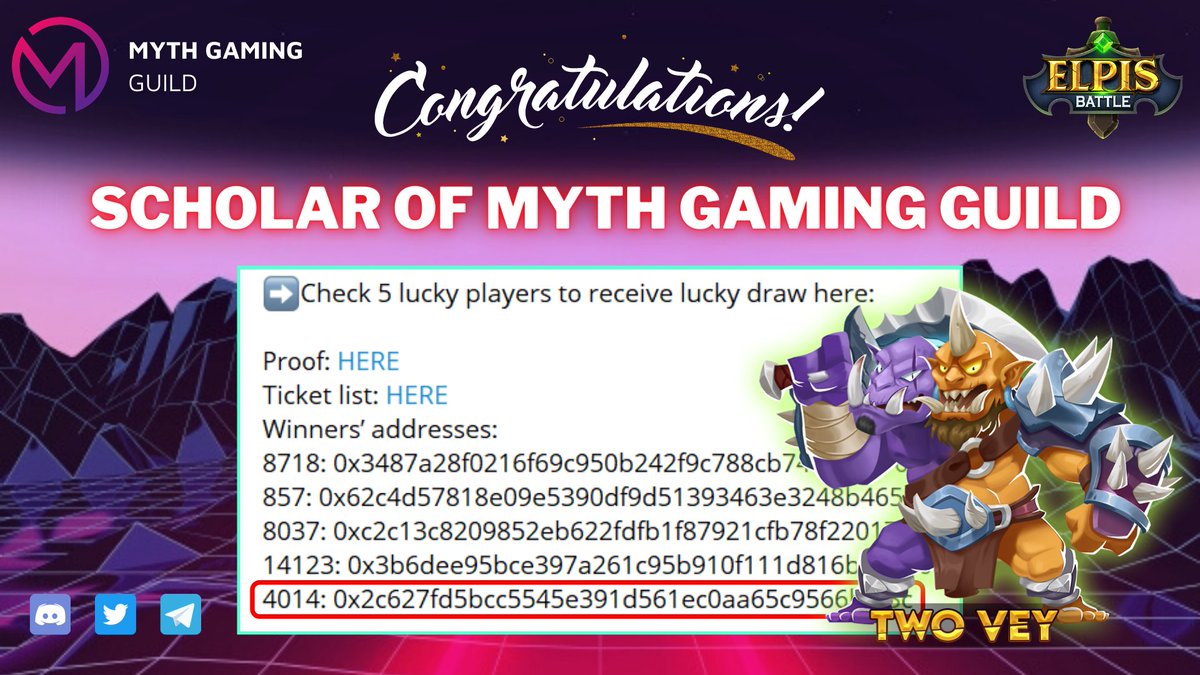 MythGamingGuild's tweet photo. Congratulations! 🎉 Scholar #MYTH05 of @MythGaminGuild  was the lucky winner of Lucky Draw Prize - Raid Boss 4.

💥Join Raid Boss 5 now: https://t.co/D6BAZbQ2pq

Random 💵$1000💵 Lucky Draw reward for anyone who join Event regardless ranking.

@ElpisBattle $MEG $EBA #scholarship https://t.co/rcZks9zxu5