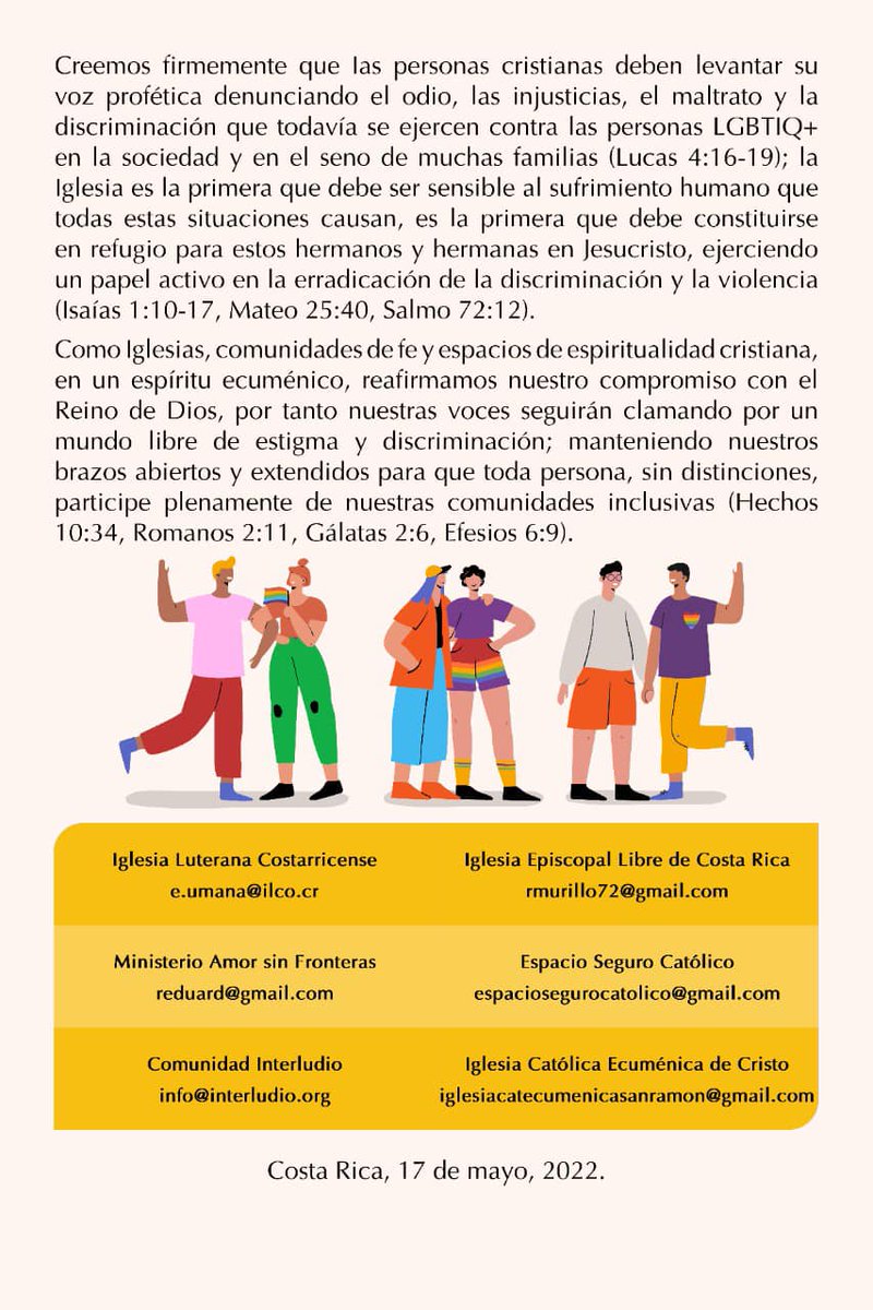 La #ILCO junto a otras iglesias y comunidades cristianas defendemos una visión incluyente hacia la población #LGTBIQ+🌈Hoy nos unimos para enviar un mensaje de rechazo contundente hacia las actitudes y conductas homo-bi-transfóbicas.
#DiaInternacionalcontralaLGTBifobia #igualdad
