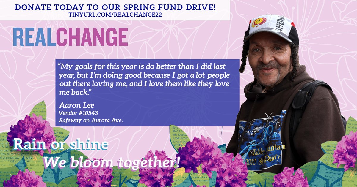 RealChangeNews's tweet photo. For vendors like Aaron, Real Change is a means of support, income, and voice. Support Real Change during this year's Spring Fund Drive, and say "Hi" to Aaron next time you're at the Shoreline Safeway. https://t.co/8CMuV2H3yL #realchangenews #realchangeseattle https://t.co/uV6KmE24wr