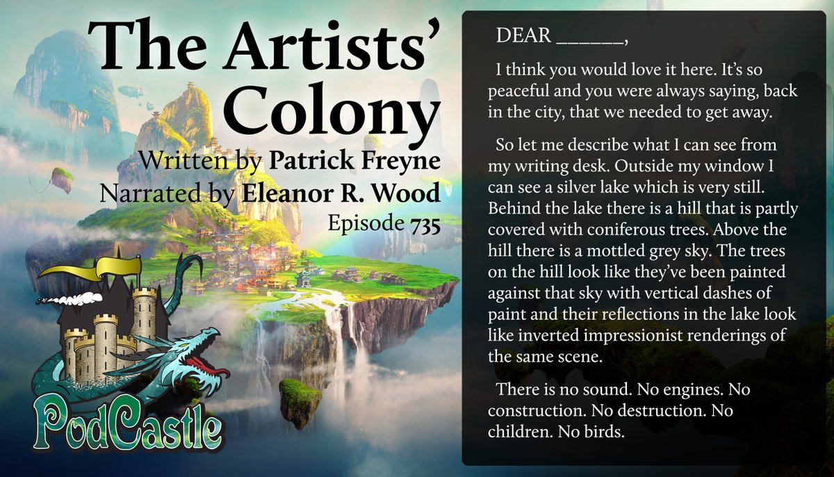 PodCastle_org's tweet photo. #pc735 THE ARTIST'S COLONY by @PatrickFreyne1, narrated by our glorious co-editor @erwrites. Originally published in @WinterPapers Volume 5
Rated PG-13, for the crises you choose to forget https://t.co/vWZVO4rusv
