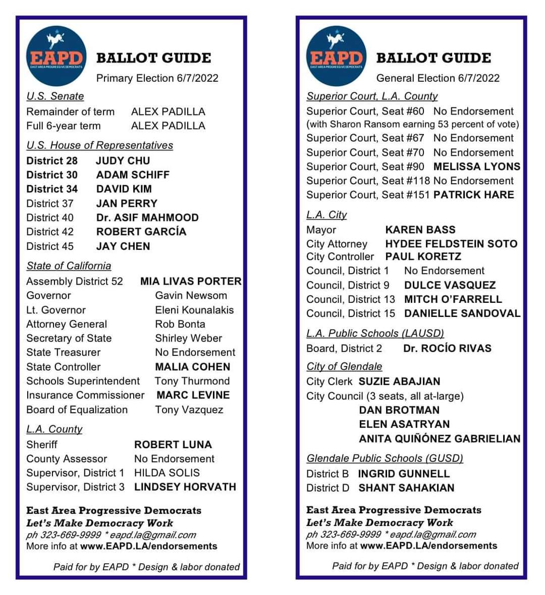 Here is the official ballot guide for the East Area Progressive Democrats <a href="/EAPDLA/">East Area Prog. Dems</a>, the largest grassroots Democratic Club in Los Angeles! I am so honored to receive this endorsement!