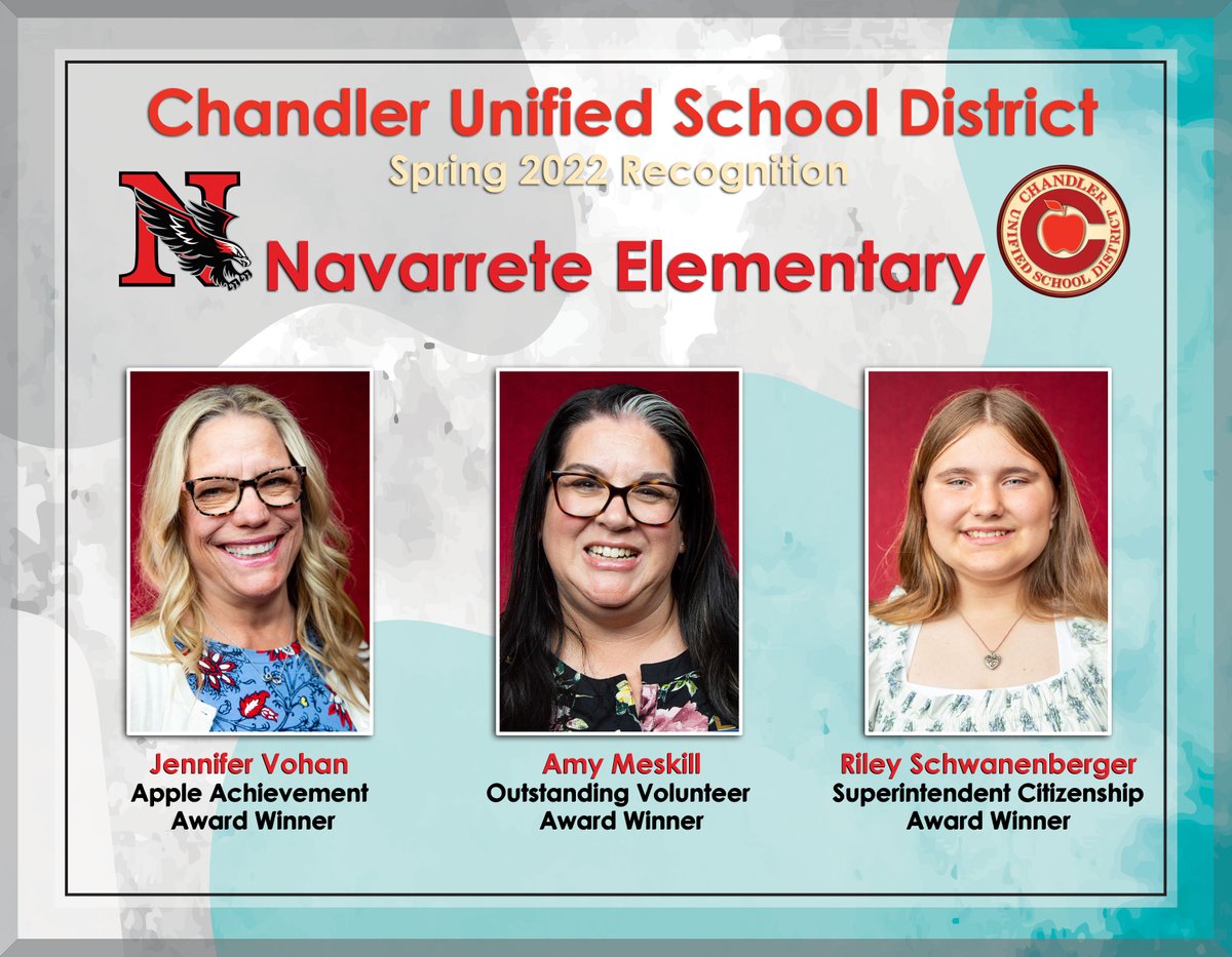 Chandler Unified School District (@chandlerunified) on Twitter photo School Spotlight: <a href="/cusdnavarrete/">Navarrete Elementary</a> Night of Recognition recipients from April 20, 2022. Congratulations! #WeAreChandlerUnified
Apple Achievement: Jennifer Vohan
Outstanding Volunteer: Amy Meskill
Superintendent Citizenship: Riley Schwanenberger School Spotlight: <a href="/cusdnavarrete/">Navarrete Elementary</a> Night of Recognition recipients from April 20, 2022. Congratulations! #WeAreChandlerUnified
Apple Achievement: Jennifer Vohan
Outstanding Volunteer: Amy Meskill
Superintendent Citizenship: Riley Schwanenberger