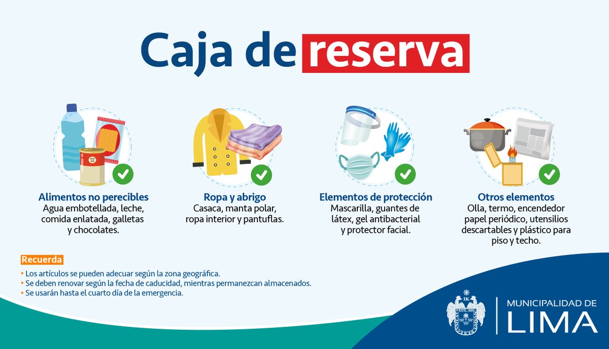 MuniLima's tweet photo. ¡Es importante estar preparados! 💪 Conoce los artículos que debes incluir en tu caja de reserva. 
✍️ Recuerda almacenarla en un lugar fresco y protegido. https://t.co/MljsVkLdmH