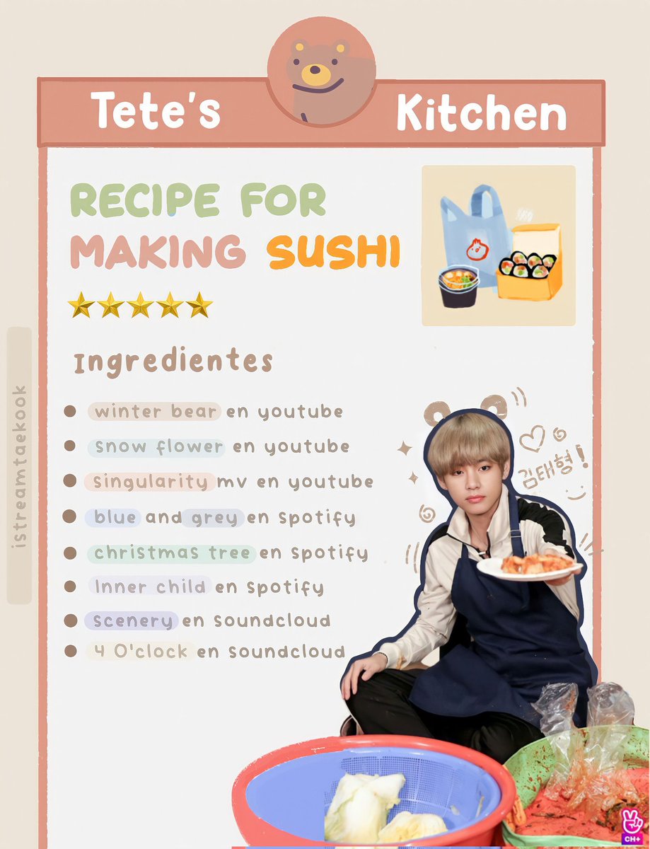 urhwcr's tweet photo. ໑  ࣪ 🍣 ✿ tete’s kitchen﹗ 
⁣
⠀  ⠀⠀  by: @istreamtaekook ♡
⁣⁣⁣⁣⁣
방탄소년단 뷔 #방탄소년단뷔 #뷔 #태형 #V @BTS_twt https://t.co/HK4jbhxqcY