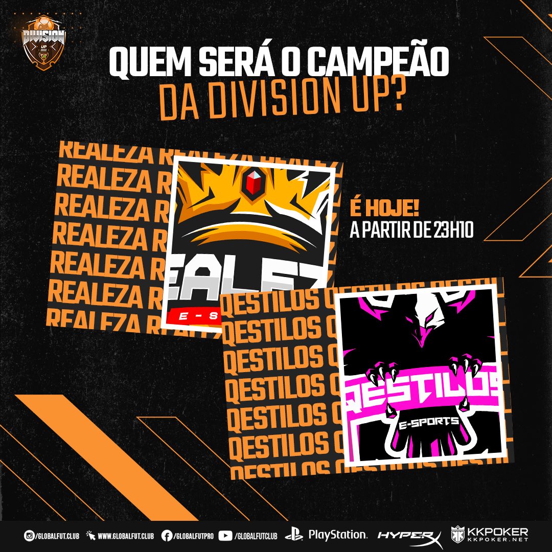 Globalpro_es's tweet photo. Quem vencerá a Division Up?
A grande final ocorre hoje às 23h10.
Realeza vs Q Estilos
👇🏻
@hyperxbrasil
@playstation_br
@kkpokerbrasil
#VEMPRAGLOBAL #PLAYSTATION #COCACOLA #FIFA22 #FUTEBOL #FUTEBOLDIGITAL #ESPORTESELETRONICOS #SOCCER #FUTEBOLVIRTUAL #11VS11 #GLOBALFUTPRO https://t.co/dBFBxFSF7T