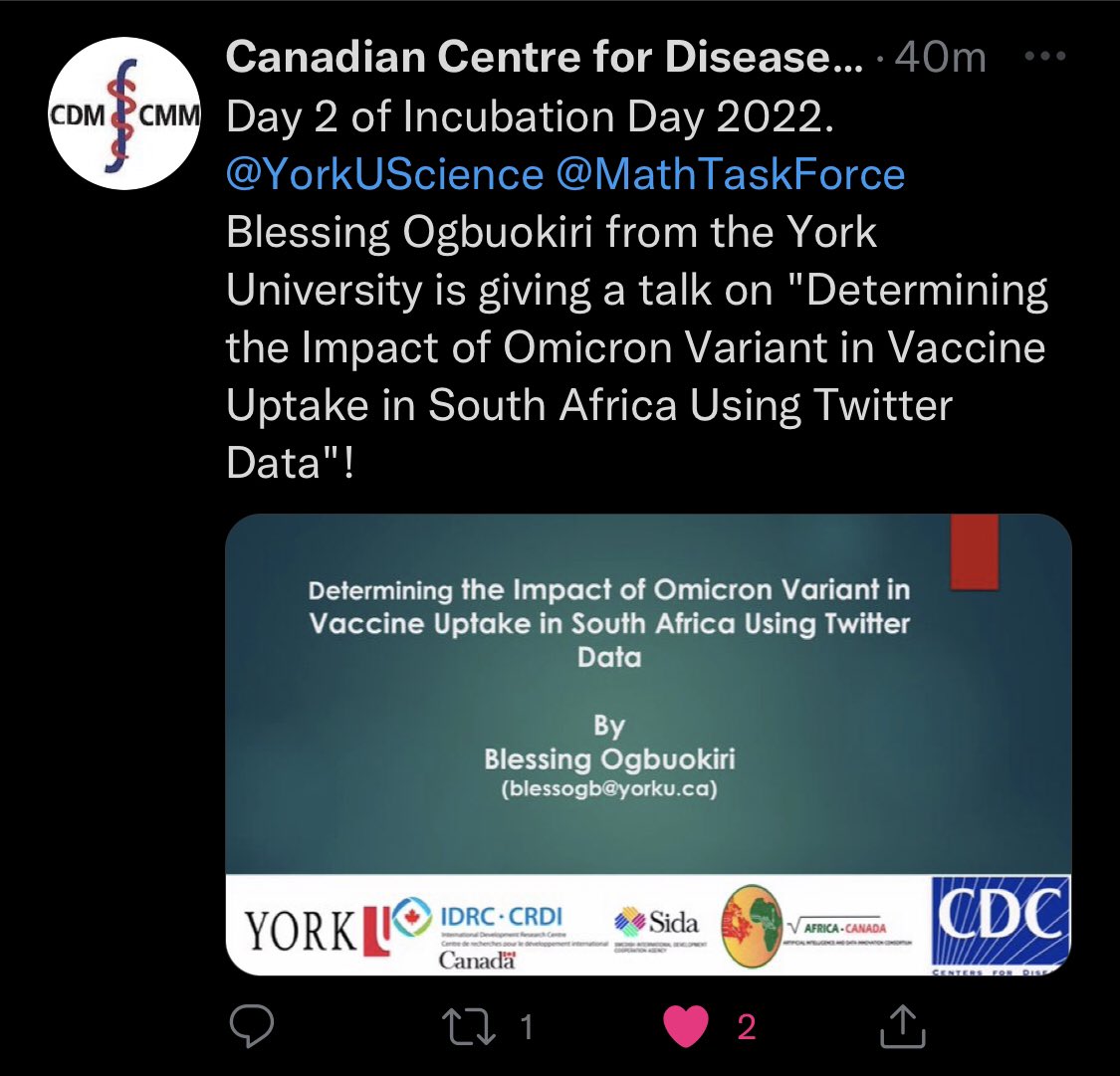 BlessingManB's tweet photo. Yours truly on 
Day 2 of Incubation day 2022, Canadian Center for Disease modelling. 

Appreciation - @theACADIC @dzevela @JamesOrbinski @IDRC_CRDI @GlobalSAI4COVID @Sida @YUResearch @YorkUScience @York_CDM https://t.co/CZLlwYGPLo