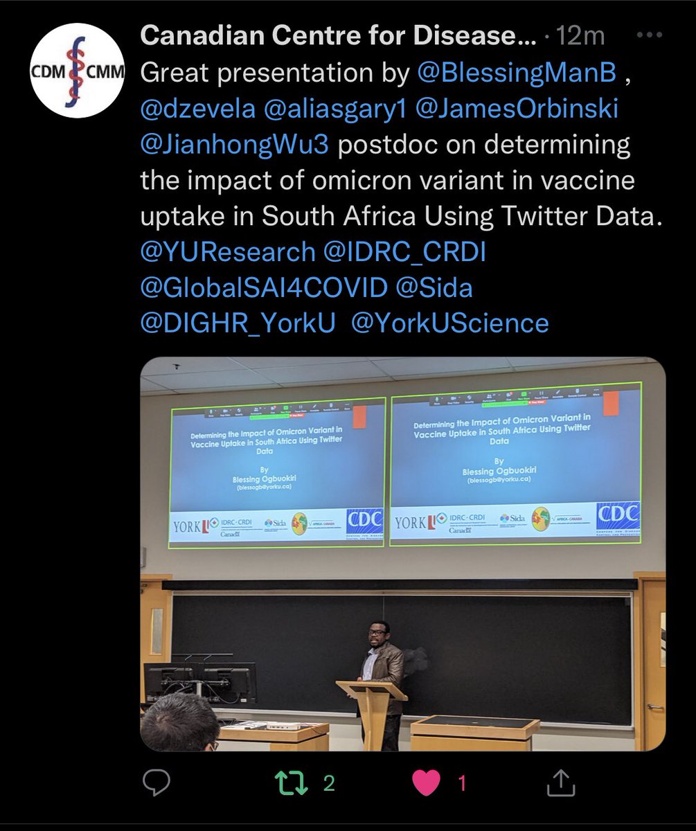BlessingManB's tweet photo. Yours truly on 
Day 2 of Incubation day 2022, Canadian Center for Disease modelling. 

Appreciation - @theACADIC @dzevela @JamesOrbinski @IDRC_CRDI @GlobalSAI4COVID @Sida @YUResearch @YorkUScience @York_CDM https://t.co/CZLlwYGPLo