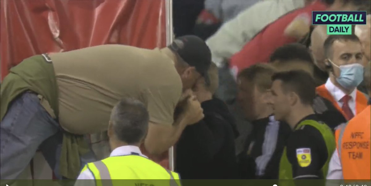 KirianSev's tweet photo. Congratulations Nottingham Forest on making it to Wembley for first time in 30 years! This is the moment Super Trouper Mini Cooper wasn’t sure if this was friend or foe! As big burly fan kisses hand of Steve Cooper! #NFFC #NOTSHU #forsu #FORSHU #Playoff https://t.co/gwY2EKlr79