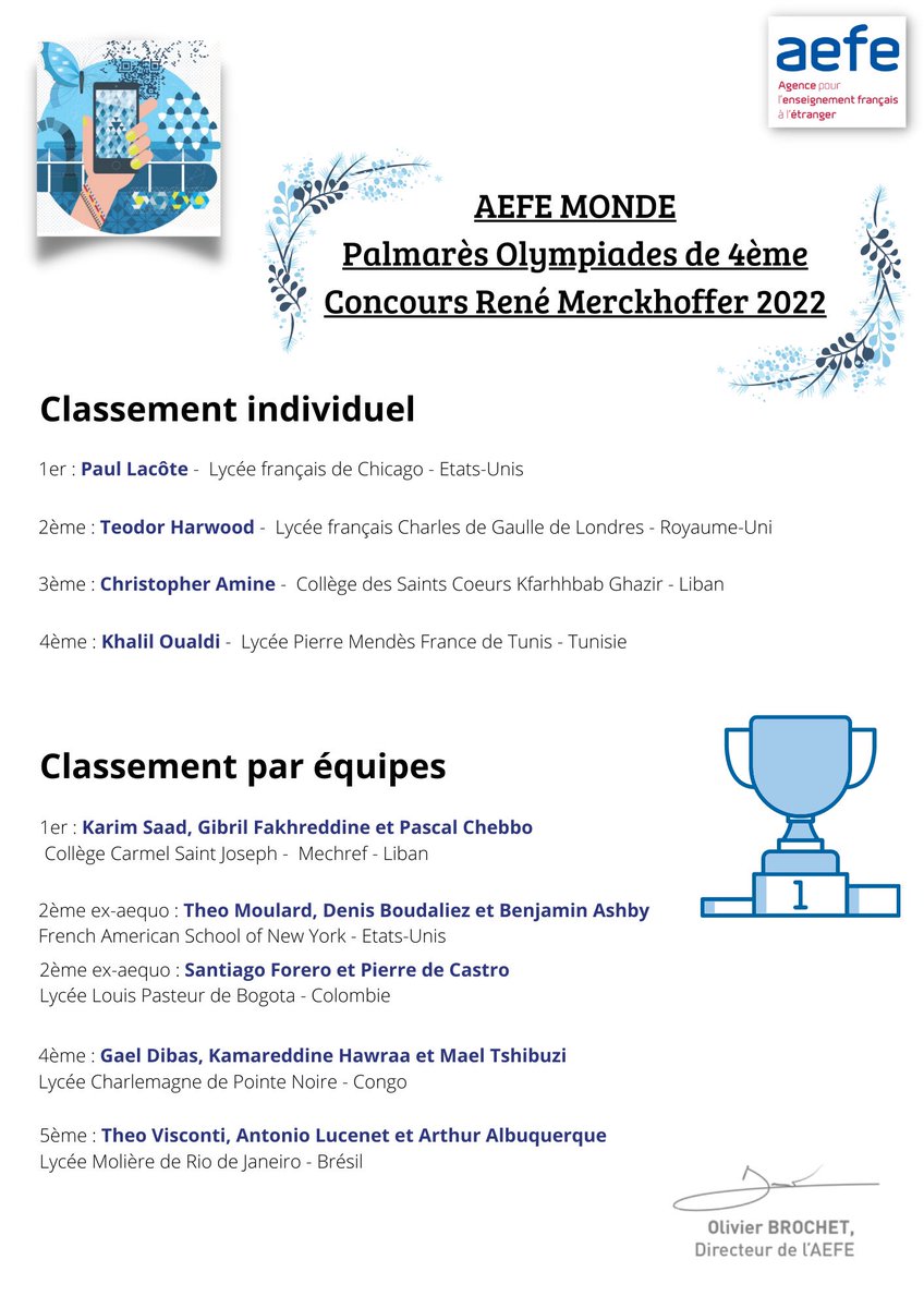 IRF_AEFE_ZAN's tweet photo. [Palmarès des Olympiades de #mathématiques de 4ème] 

Concours René Merckhoffer

👏 Bravo aux élèves de la zone #AEFE Amérique du Nord 🇨🇦🇺🇸

> 1er prix individuel : Paul L. du @lyceechicago 
> 2ème prix en équipes : @fasnynews 

👍 @faverosteph @NicolasVillem1 T. Castanet https://t.co/JplPB67Bep
