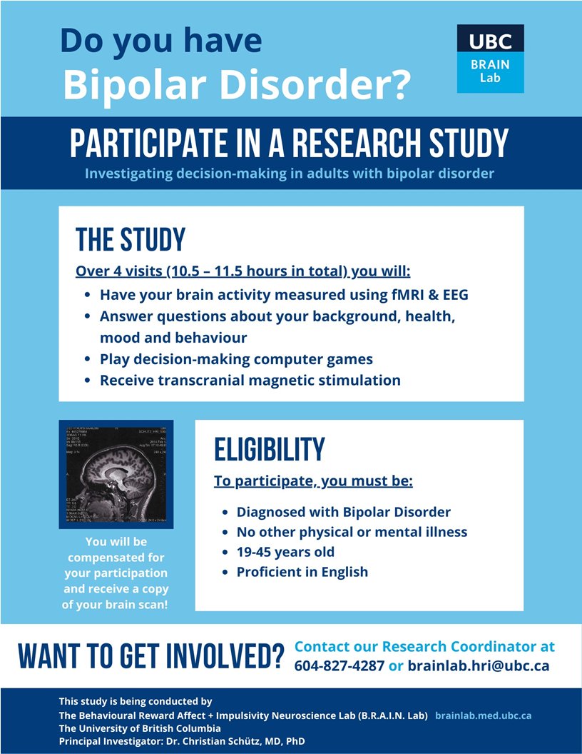 CREST_BD's tweet photo. Do you have lived experience with #bipolardisorder? Interested in participating in research? 

The @UBCmedicine BRAIN Lab is looking for participants to investigate the link between impulsivity and BD. Learn more by emailing brainlab.hri@ubc.ca https://t.co/q3E9JHhGEa