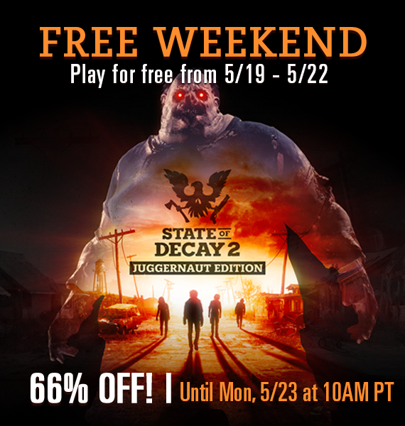 StateOfDecay's tweet photo. To celebrate our 4th Anniversary, you can play #StateOfDecay2 for FREE and score 66% off until Mon, 5/23 at 10am PT!

🔥 Free-to-Play Schedule 🔥 
XBOX: Thurs, 5/19 at 11am - Mon, 5/23 at Noon PT
STEAM: Thurs, 5/19 at 10am - Mon, 5/23 at 10am PT

#4YearsOfSurvival https://t.co/gUVemwaPeo