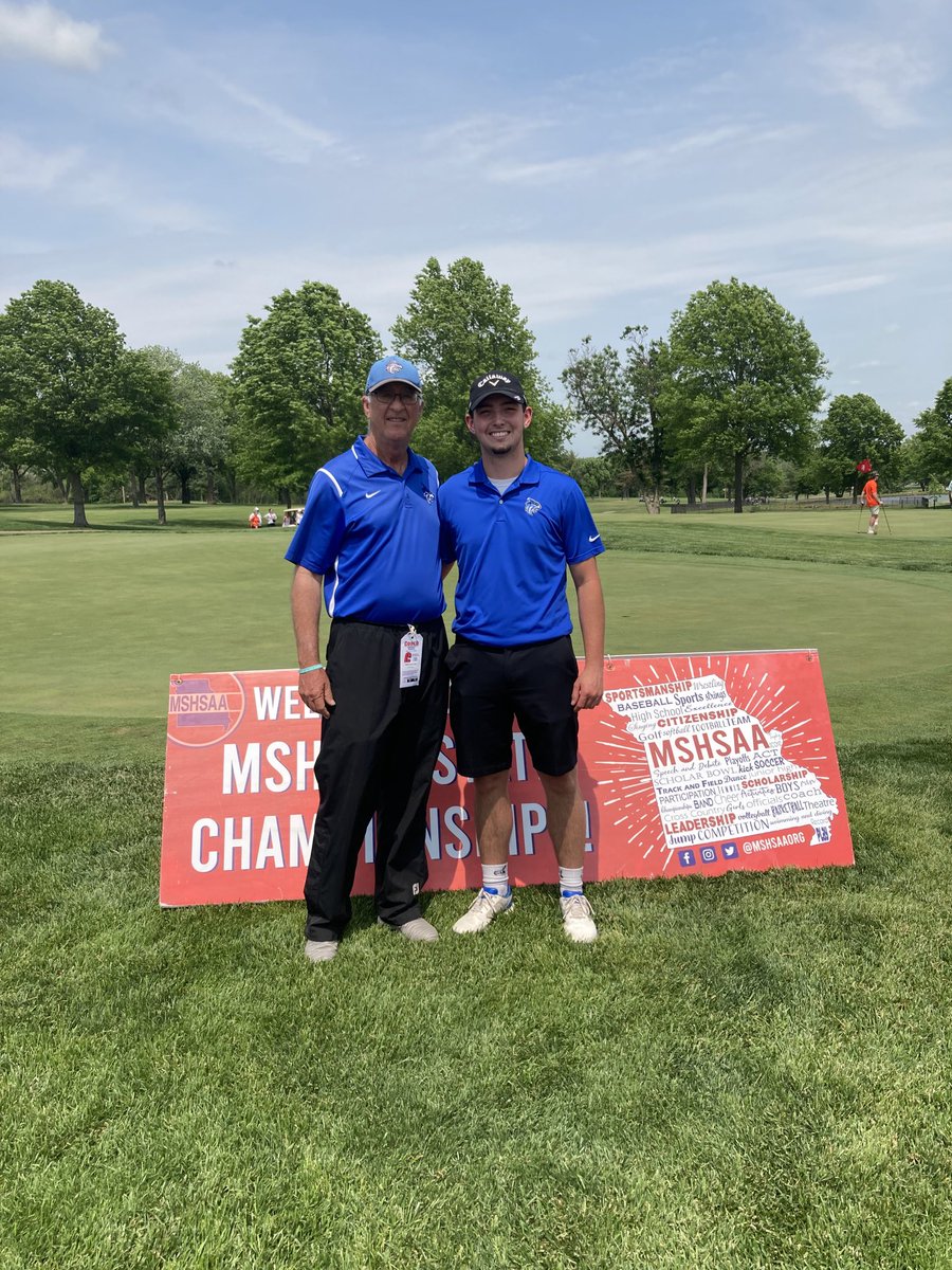 HHSCatsGolf's tweet photo. Coach Nelson and Caleb after the state tournament. Caleb shot 75, 80 which placed him 20th out of 86 golfers. What a great two days, and awesome career! We wish you the very best in all your future endeavors! Very proud of the solid young man you are! https://t.co/b04EyQofRs