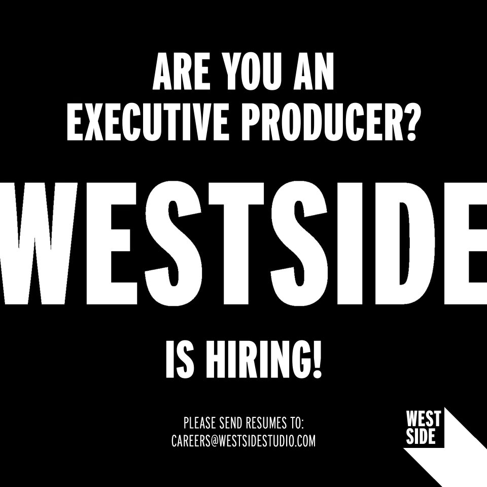 Westside Studio (@westsidestudio) on Twitter photo WESTSIDE is Hiring.
We are adding another EP to support our growing film department.
Are you an EP or perhaps EP curious?
Do you love advertising and production?
Are you a creative thinker?
A self starter?
Send us a note to : careers@westsidestudio.com to hear more WESTSIDE is Hiring.
We are adding another EP to support our growing film department.
Are you an EP or perhaps EP curious?
Do you love advertising and production?
Are you a creative thinker?
A self starter?
Send us a note to : careers@westsidestudio.com to hear more