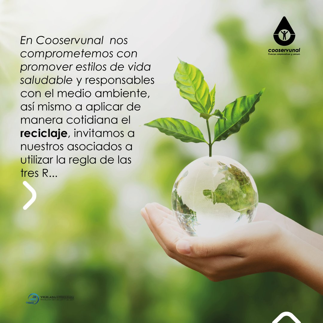cooservunal's tweet photo. En Cooservunal nos comprometemos con promover estilos de vida saludable🍃 y responsables con el medio ambiente, e invitamos a nuestros asociados a utilizar la regla de las tres R…
#Cooservunal #Cooperativa #Reciclaje #MedioAmbiente #ODS #Objetivo12 #Planeta #DíaReciclaje https://t.co/rvPJkVzZTH
