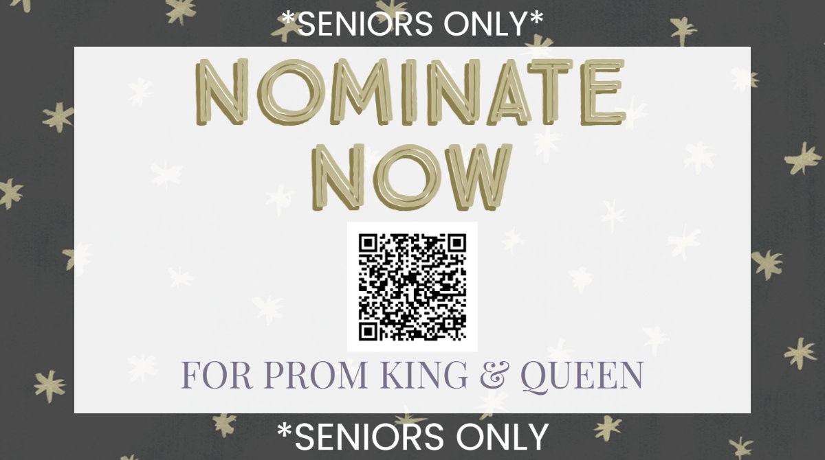 👑We're doing Prom King and Queen this year! Please fill out the google form linked below to nominate the Prom King and Queen. The two people with the most nominations will earn the title.

‼Voting will end this Friday (May 20th) at 11:59pm.
docs.google.com/forms/d/e/1FAI…
