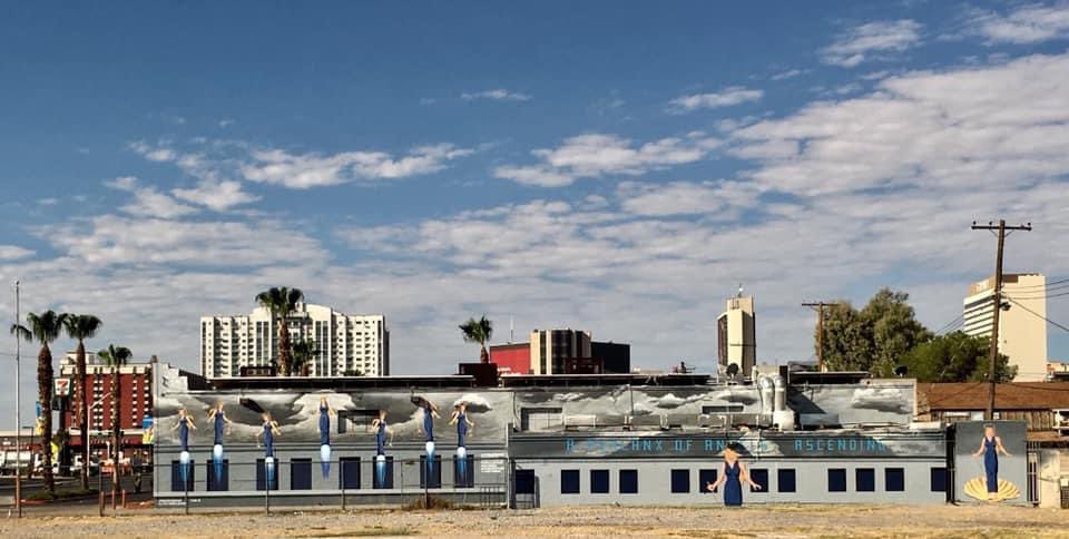 drlaurahenkel's tweet photo. So much love for  #AlisonChambers! She trusted me to curate two massive murals for 3 sides of her bldg on LVBlvd. T’was a cherry on top to facilitate #aphalanxofangelsascending into @CityOfLasVegas perm art collection! Mad respect for artists @AaronShepard5_1 + @Stanford_Art ♥️ https://t.co/ETlYErlDA3