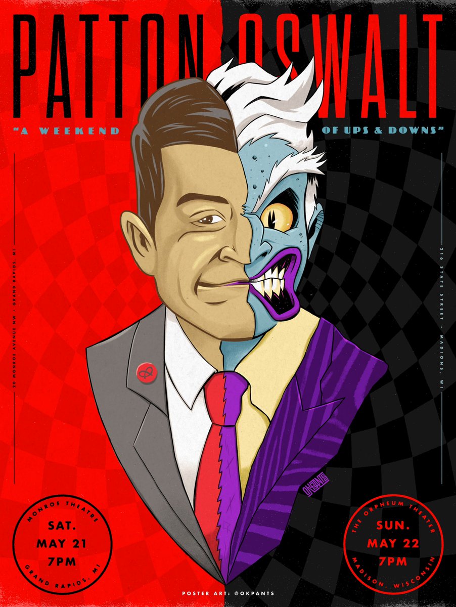 pattonoswalt's tweet photo. Love the posters for my shows this weekend in Grand Rapids &amp; Madison! Thanks @okpants! Why not buy yerself one at https://t.co/Mgu8BouSfR? All $$$ goes to the artist! https://t.co/iB9ip5di9Z