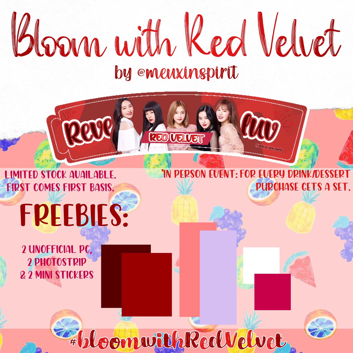 meuxinspirit's tweet photo. You can now PREORDER our Goodie Bag Tiers. Only 20 slots available for the #Reveluv Tier ❤️✨
Tiers Form: https://t.co/yPUxxxL7ah
Form closes on July 9th, 2022
#bloomwithRedVelvet #SweetBloomingYeReneDay #RedVelvet #Irene #Seulgi #Wendy #Joy #Yeri https://t.co/PW8YxHRtmL