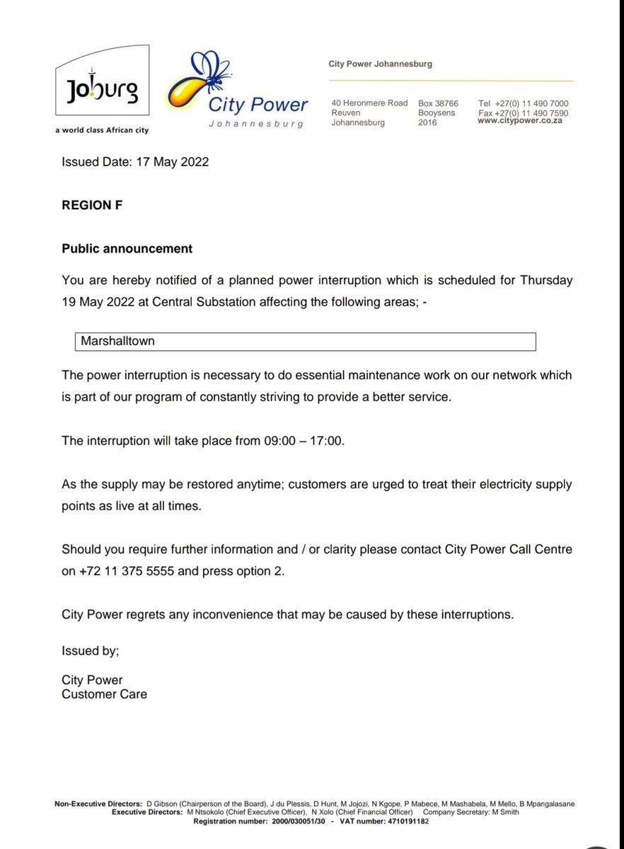 CityPowerJhb's tweet photo. #PlannedOutages #RegionF

Kindly take note of a planned power interruption scheduled for Thursday 19 May at #CentralSubstation.^MM https://t.co/MLDgUAPhdN