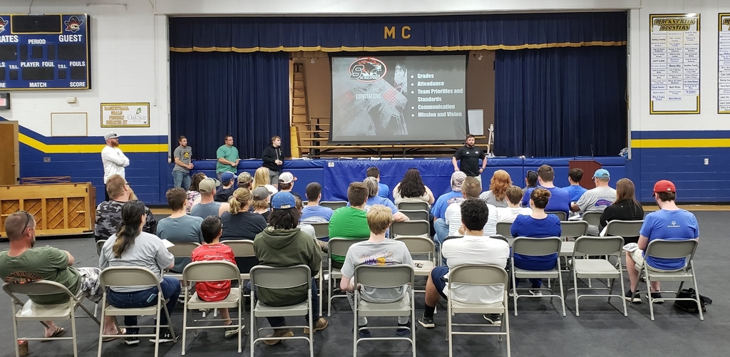 Coach Griffin is meeting with young men interested in playing football this fall. Coach shared that "football isn't our top priority - we are interested in building great men through the game of football." Let's go team! #MCPirates