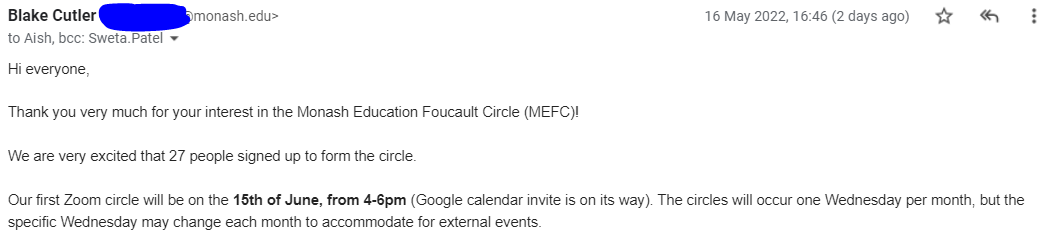 SwetaVijaykumar's tweet photo. Opportunity not to be missed🤩
My inbox received a fantastic initiative to discuss #Focault's work and his acolytes: Discourse, Power and Ethics.If you are inspired by #focault, you must get in touch with @aish_ravi1 or @blakeacutler to join @MonashEducation Focault Circle(MEFC). https://t.co/sqfObLLPbz