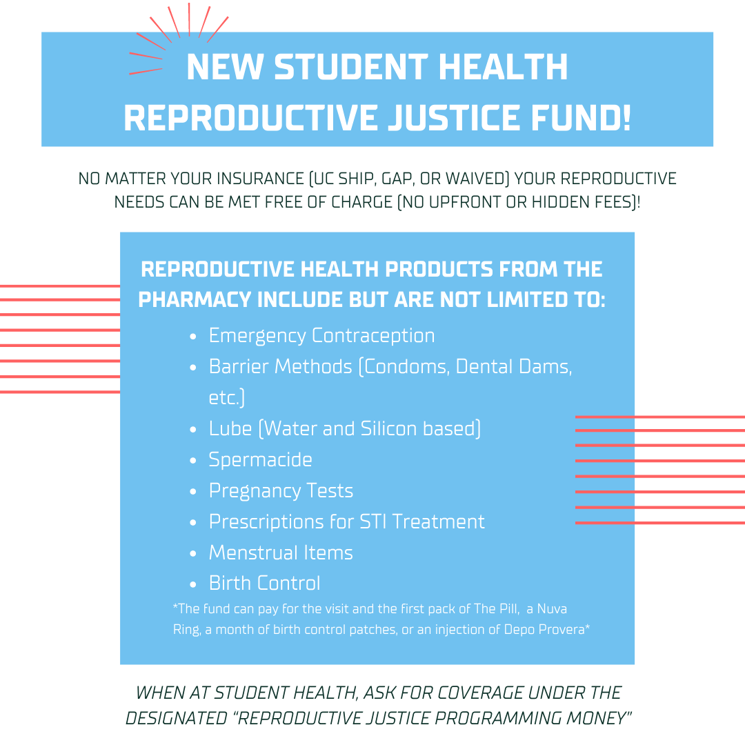 ✨NEW Student Health Reproductive Health Care Funding!!✨

No matter your insurance (UC SHIP, GAP, or Waived) your reproductive justice needs can be met free of charge (no hidden fees)! When at Student Health, ask for coverage under the “Reproductive Justice Programming Fund”