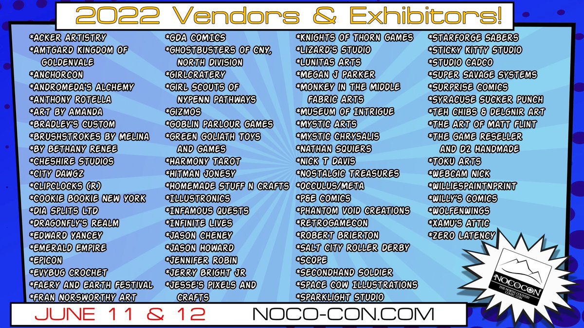 NoCoConOfficial's tweet photo. Here is our #Vendors and #Exhibitors list for #nococon. We're expected to have lines out the door, so get your tickets now at https://t.co/eotE4nvLrn!
#watertown #northcountry #CNY #Syracuse #ComicCon https://t.co/XvrWsaymD7