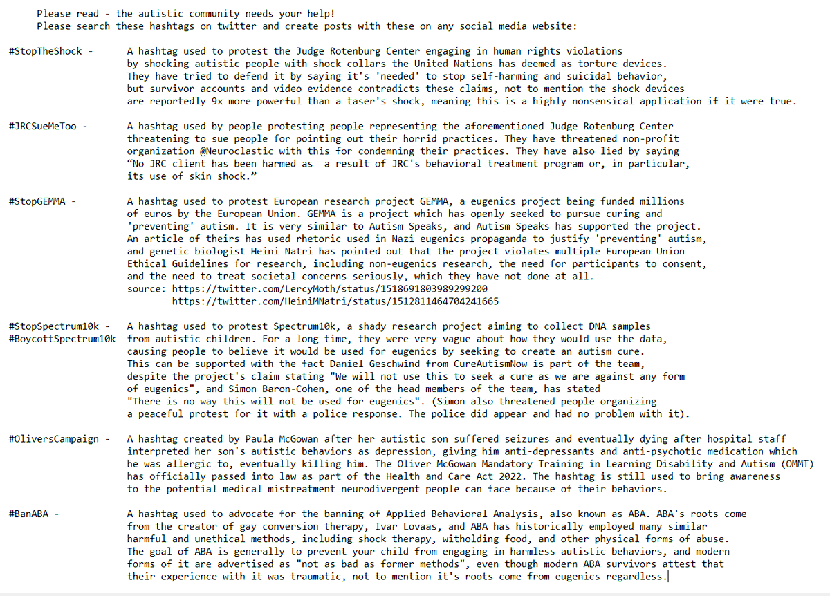 LercyMoth's tweet photo. Please read this list on how you can help the #ActuallyAutistic community fight oppression and ableism by doing as little as creating tweets with these hashtags (click the image for better quality)
#StopTheShock
#Oliverscampaign 
#StopGEMMA
#BanABA
#JRCSueMeToo https://t.co/5L9it0HAwB