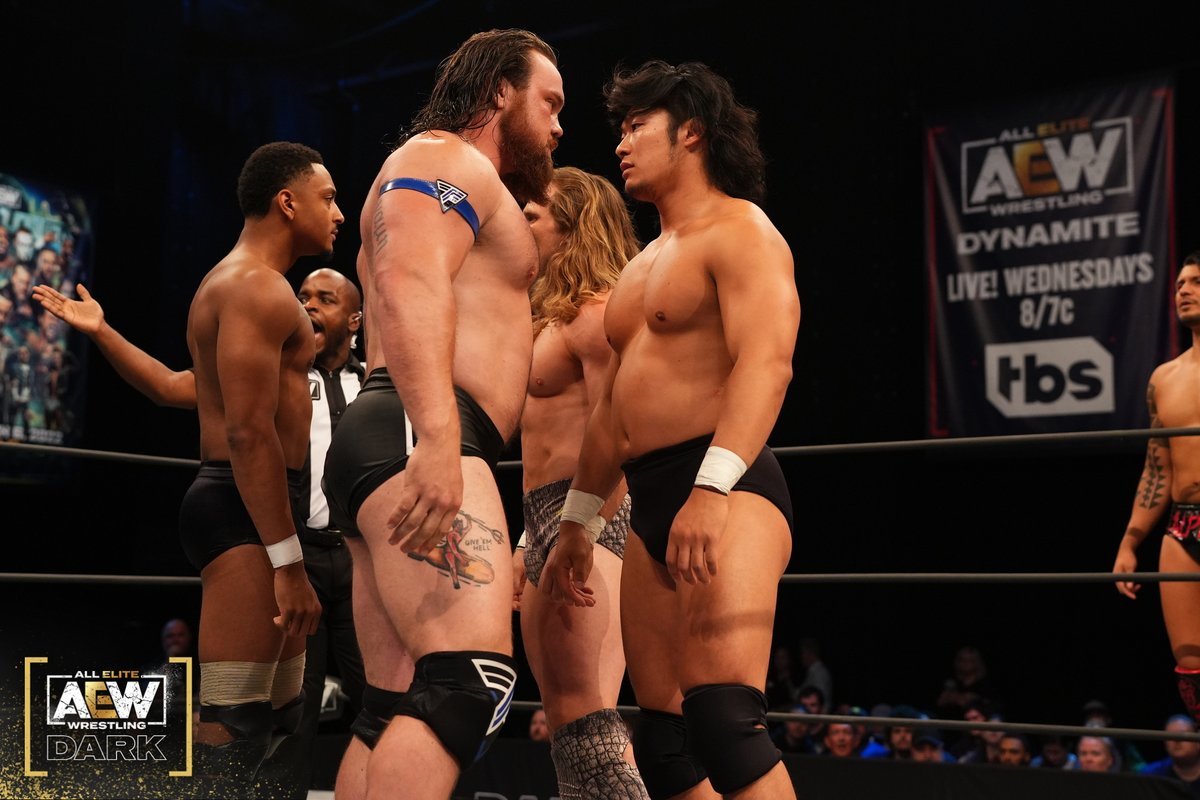 AEW's tweet photo. It's #TheFactory (@QTMarshall/@AaronSoloAEW/@Mr_Freakbeast/#BrickAldridge/#BlakeLi) vs. #NJPW's #LADojo (@AlexCoughlin93/@Im_YuyaUemura/@ClarkConnors/@karlfredericks_/@Jet2Flyy) next on #AEWDark! ▶️ https://t.co/hPxQOVsYHd https://t.co/sBXFz8GMqJ