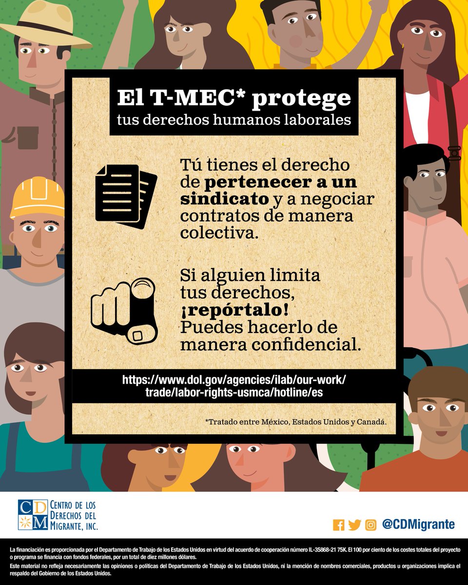 CDMigrante's tweet photo. ¡El TMEC también te protege! Nadie puede limitar tu derecho a crear un sindicato y a negociar contratos de manera colectiva. El gobierno de EU tiene una página web para reportar este tipo de violaciones a tus derechos.
#Vozypoder #LibertadyDemocraciaSindical #LaReformaesTuya https://t.co/NKanqCiE54