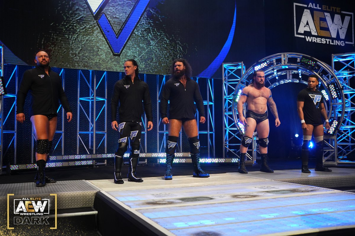 AEW's tweet photo. It's #TheFactory (@QTMarshall/@AaronSoloAEW/@Mr_Freakbeast/#BrickAldridge/#BlakeLi) vs. #NJPW's #LADojo (@AlexCoughlin93/@Im_YuyaUemura/@ClarkConnors/@karlfredericks_/@Jet2Flyy) next on #AEWDark! ▶️ https://t.co/hPxQOVsYHd https://t.co/sBXFz8GMqJ