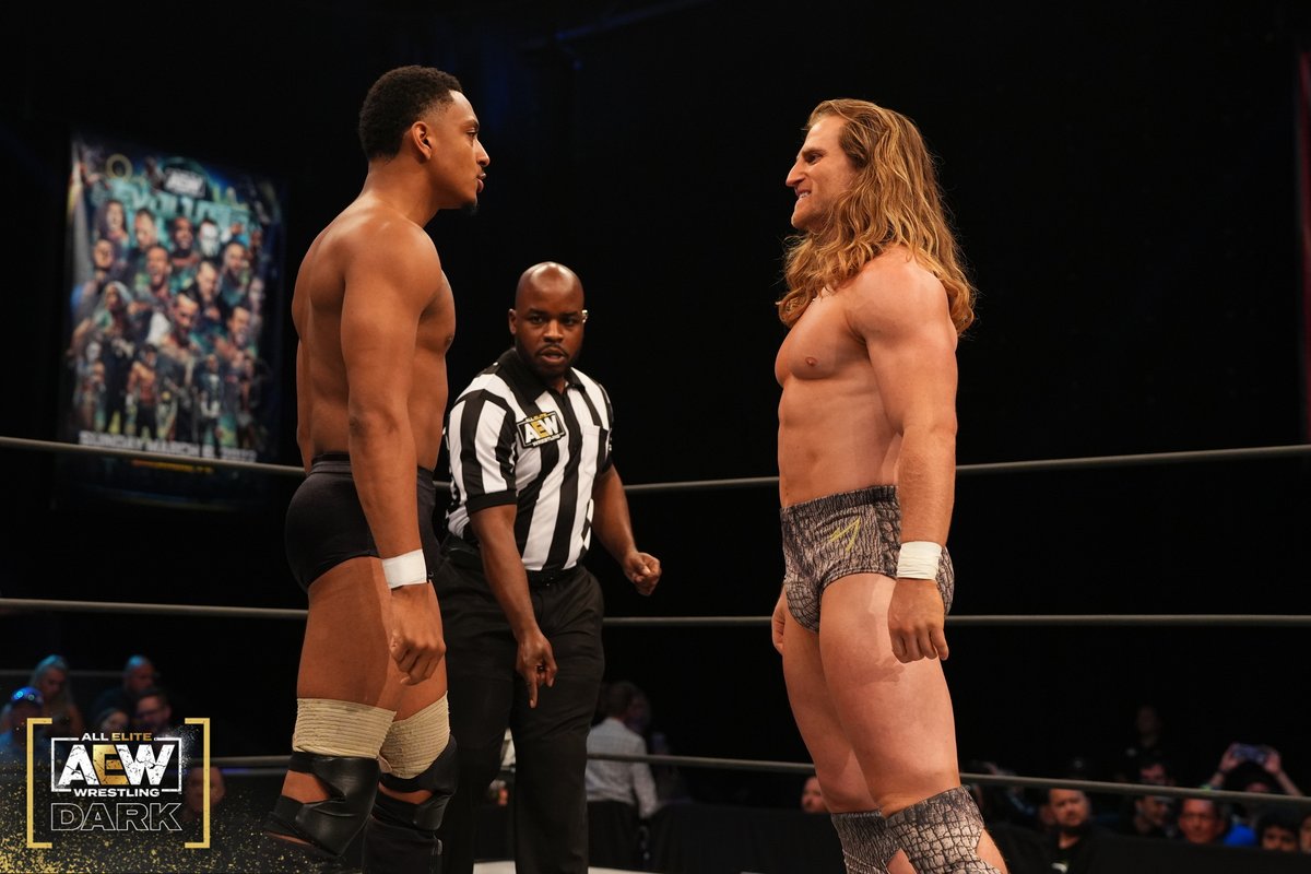 AEW's tweet photo. It's #TheFactory (@QTMarshall/@AaronSoloAEW/@Mr_Freakbeast/#BrickAldridge/#BlakeLi) vs. #NJPW's #LADojo (@AlexCoughlin93/@Im_YuyaUemura/@ClarkConnors/@karlfredericks_/@Jet2Flyy) next on #AEWDark! ▶️ https://t.co/hPxQOVsYHd https://t.co/sBXFz8GMqJ