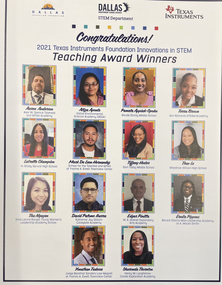 SusanaCDenver's tweet photo. Congrats to our rock star teachers who were recognized by @dallasschools, @FutureofDallas_ and @TXInstruments for their innovations in Stem Education! @shannontrejo @THuittDISD @DallasisdSTEM https://t.co/VqReUKatBS