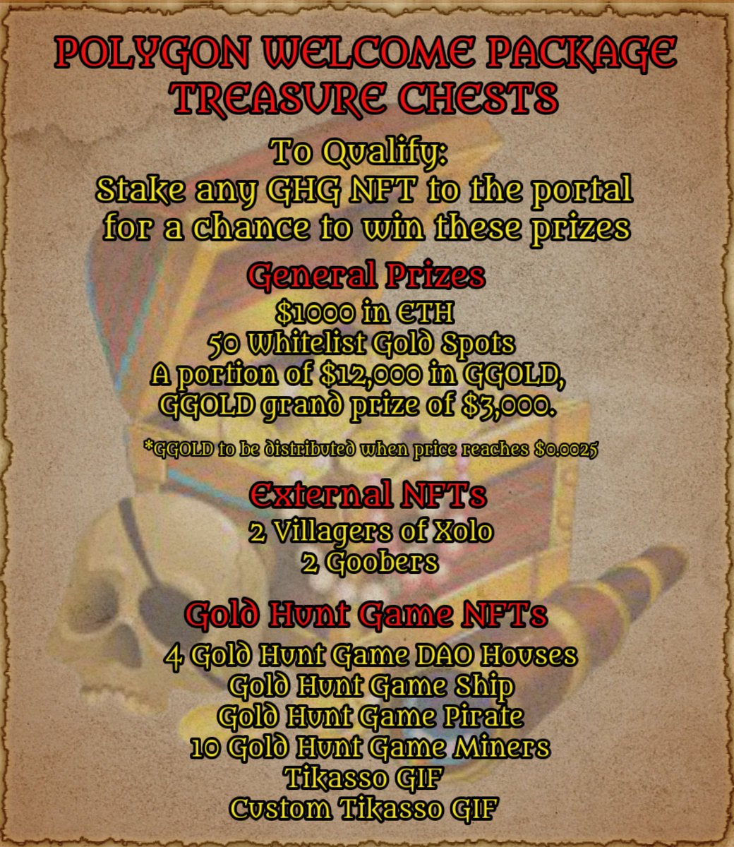 goldhuntgame's tweet photo. Ahoy Mateys,

Here is a closer look at the Polygon Welcome Package Treasure Chest that you will all receive as you stake your units across the portal which can be found below:

https://t.co/3jd4M3XIeo

Yarr🏴‍☠️ https://t.co/izcBLcA9py