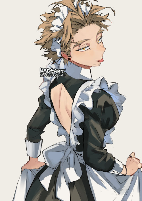 hawks (boku no hero academia) maid male focus 1boy stud earrings tongue out blonde hair tongue  illustration images