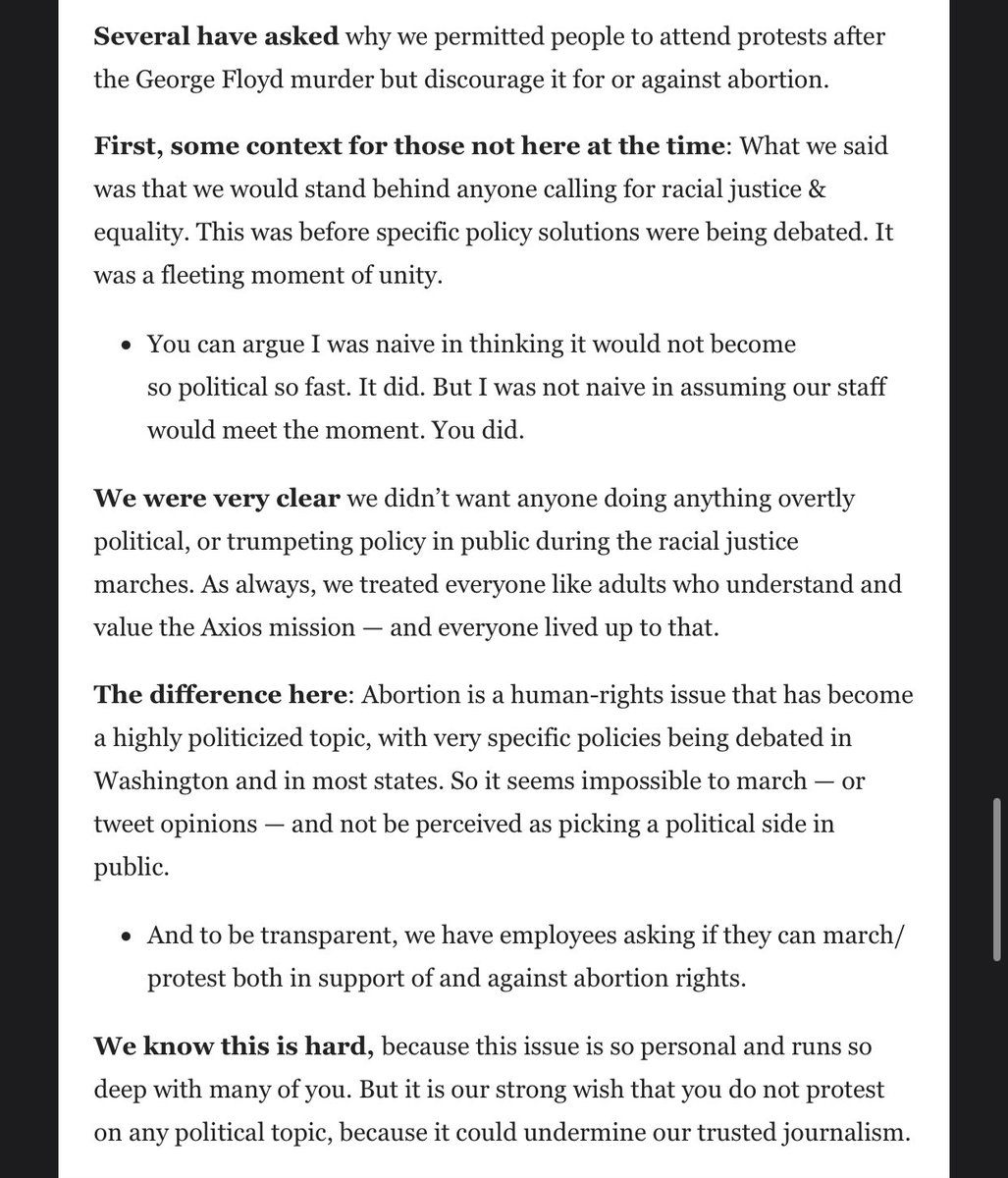 ElaheIzadi's tweet photo. One section of a memo sent to Axios staff Monday discusses protesting or tweeting about abortion, given it permitted staff to participate in racial justice demonstrations in 2020. https://t.co/RMMH0WwBZT