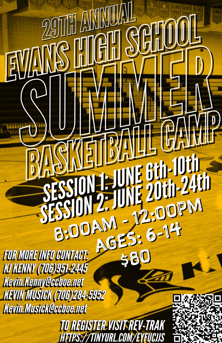 Registration is open for the 
29th Annual Evans High School
Youth Basketball 🏀 Camp! 
📍June 6-10th and/or June 20-24th
Sign up with the link below ⬇️ 
tinyurl.com/eyfucjjs