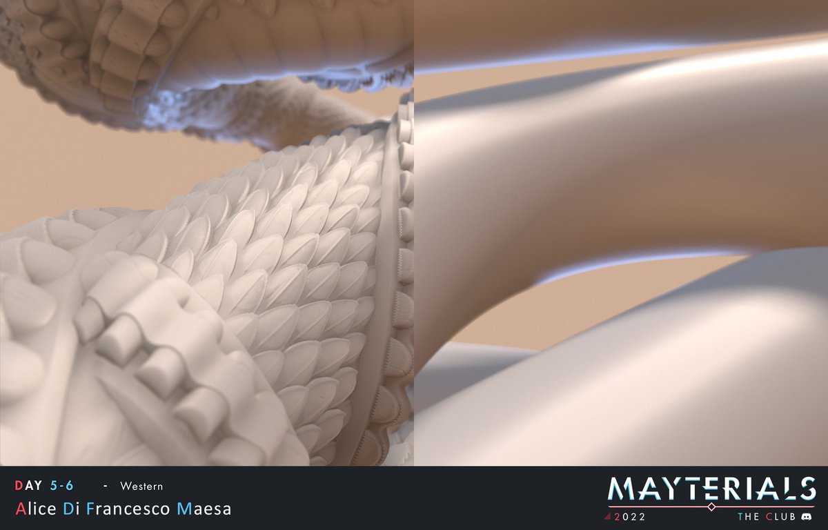 Finally today I had time to work on #mayterials again: for Western I did a material inspired by Rattlesnake Jake from the movie Rango
#MadeWithSubstance 3D Designer 
<a href="/TheClubDiscord/">The Club</a> <a href="/Substance3D/">Adobe Substance 3D</a> 
final render/maps/clay render vs actual geometry