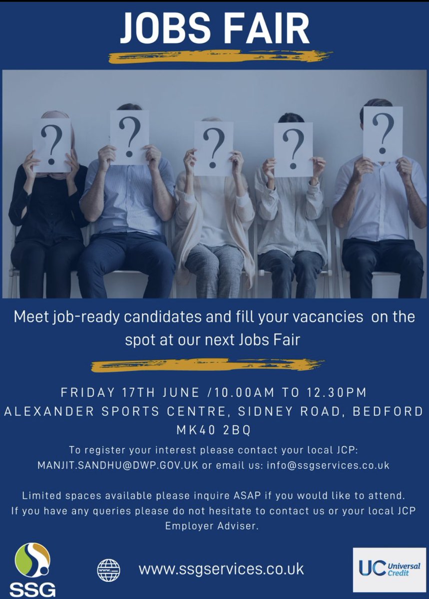 SSGLisaN's tweet photo. 📣Calling all #Bedford Employers 📣

Are you struggling to fill vacancies? wasting time booking in interviews only to have no shows?

SSG Services has partnered with #DWP to help you see the people behind the paper/CV. Book your spot today!! 📩 #jobsfair #recruitment https://t.co/Tm2RW6WKzI